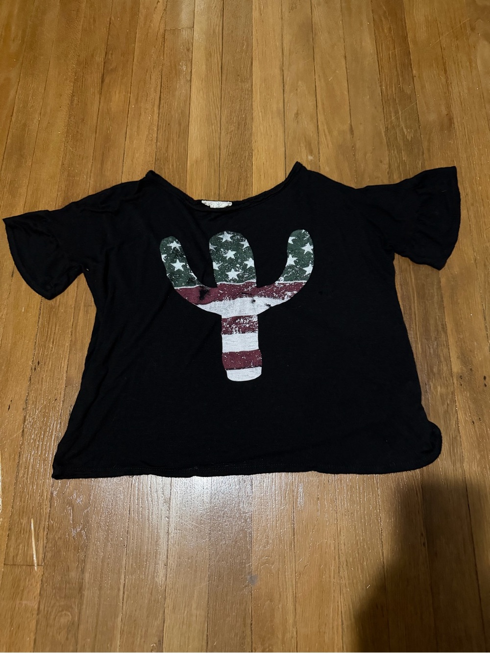Black Short-Sleeve Tee with American Flag Cactus Graphic